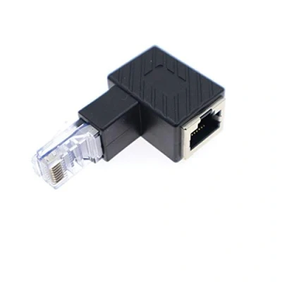 Abbildung von Ethernet Adapter, Cat5e/Cat6/Cat7 90 Grad nach oben, unten, links, rechts, RJ45/8P8C Buchse auf Stecker Adapter (nach oben abgewinkelt)