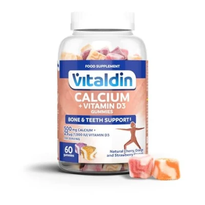 Abbildung von VITALDIN Calcium + Vitamin D3 Gummies 500 mg Kalzium &amp; 1.000 IU D 60 Fruchtgummis (1Monat) Fruchtgeschmack für die Erhaltung normaler Knochen und Zähne Glutenfrei Kinder Erwachsene