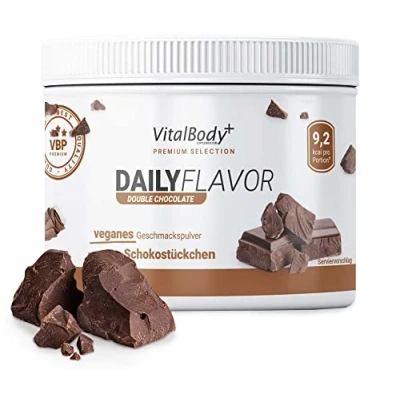 Abbildung von VitalBodyPLUS DailyFlavor Double Chocolate, kalorienarmes und zuckerarmes Geschmackspulver, nur 9 kcal pro Portion, 250 g vegan, glutenfrei hitzebeständig, unabhängig laborgeprüft &amp; zertifiziert