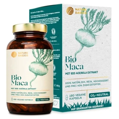 Abbildung von Bio Maca 180 Kapseln hochdosiert / 2852 mg Pulver &amp; 12 natürliches Vitamin C aus Acerola pro Tagesdosis/Vegan, Zertifiziert Nachhaltig im Glas