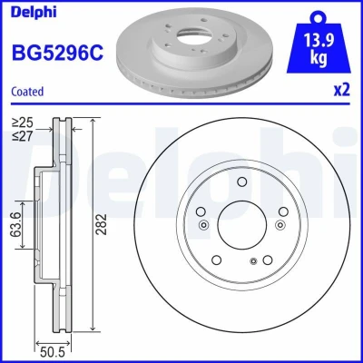 Abbildung von DELPHI BG5296C Bremsscheibe 282 27 5 Belüftet beschichtet hochgekohlt ohne Radlager, ABS Sensorring FORD: Focus Mk4 Turnier, Hatchback