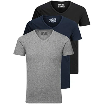 Abbildung von Jack and Jones Herren T Shirt Basic V Ausschnitt 3er Pack Einfarbig Slim Fit in Weiß Schwarz Blau Grau XXL