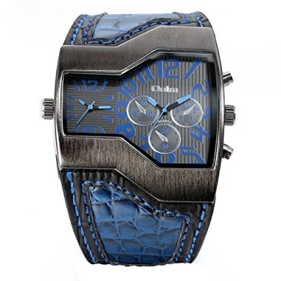 Abbildung von JewelryWe Herrenuhren Analog Quarz Casual Armbanduhr Blau Breit Leder Armband Sportuht mit Digital Zifferblatt Vatertagsgeschenk