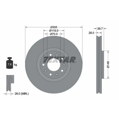 Abbildung von TEXTAR PRO 92220803 Bremsscheibe 305 28 05/10 110 innenbelüftet beschichtet ohne Radbefestigungsbolzen, Radnabe ALFA ROMEO: Giulietta Hatchback