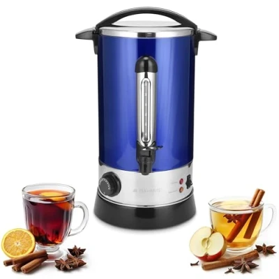 Abbildung von Navaris Glühweinkocher Heißwasserspender aus Edelstahl 10l mit Thermostat Füllstandanzeige Zapfhahn Glühwein Heißgetränkeautomat Blau