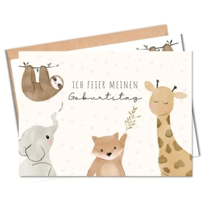 Abbildung von MeinBaby123® 10 Einladungskarten Kindergeburtstag Jungs und Mädchen Geburtstagseinladungen für Kinder Safari Tiere inkl. Briefumschläge Premium Qualität (Süße V2)