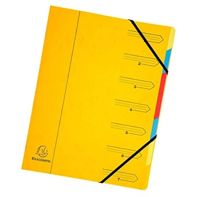 Abbildung von Exacompta 54079E Premium Ordnungsmappe geheftet. Aus extra starkem Colorspan Karton DIN A4 7 vollfarbige bunte Fächer und 2 Gummizüge mit Organisationsdruck Ringmappe Register Mappe gelb