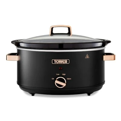 Abbildung von Tower T16043BLK Cavaletto 6,5 Liter Schongarer mit 3 Wärmestufen, Cool Touch Griffe, Schwarz und Roségold