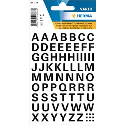 Abbildung von HERMA 4158 Buchstaben Aufkleber schwarz, 740 Stück, Schriftgröße 10 mm, selbstklebend, wetterfest, klein, Alphanet Sticker Klebebuchstaben A Z aus Folie zum Aufkleben, transparent