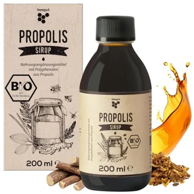Abbildung von beegut BIO Propolis Sirup mit Propolis, Honig, Spitzwegerich, Königskerze und Süßholzwurzel, 200 ml auch für Kinder, zertifiziert