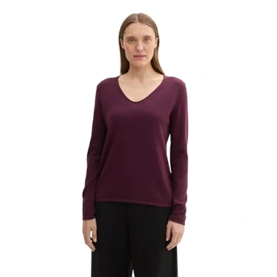 Abbildung von TOM TAILOR Damen Basic Strickpullover mit V Ausschnitt, 35796 Blackberry, XXS