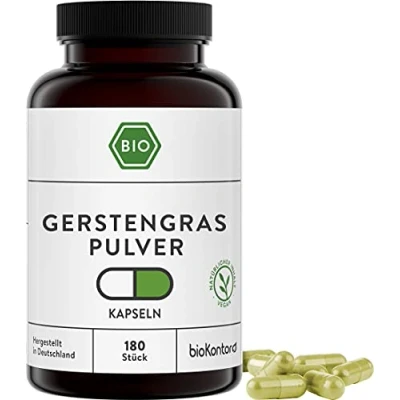 Abbildung von Gerstengras Kapseln BIO 180 Stück vegane 3000 mg je Tagedosis Gerstengraspulver ohne Zusätze in Deutschland hergestellt bioKontor
