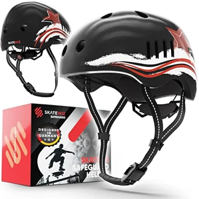 Abbildung von SKATEWIZ Kinder Fahrradhelm Mädchen Jungen, Skaterhelm Kinder, Fahrrad Helm Kind, Kinderhelm Größe S Schwarz Rot Stern