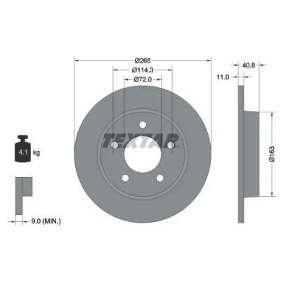 Abbildung von TEXTAR 92130500 Bremsscheibe 265 11 05/05 114,3 voll ohne Radbefestigungsbolzen, Radnabe MAZDA: 3 Hatchback, Saloon, Premacy