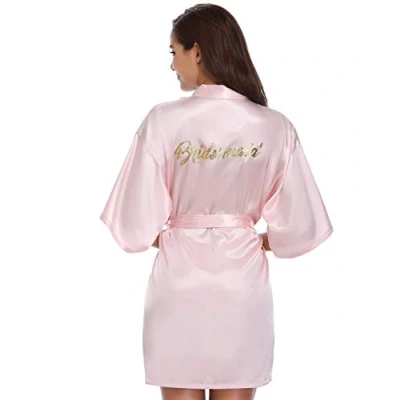 Abbildung von Vlazom Morgenmantel für Hochzeit Satin Kimono Badmantel Braut&amp;Brautjungfern V Ausschnitt Damen Robe mit Gürtel(L,Hellrosa Brautjungfer)