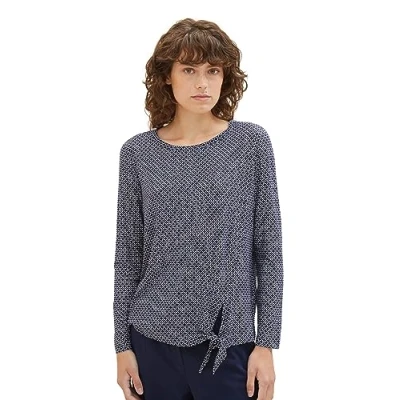Abbildung von TOM TAILOR Damen 1038865 Langarmshirt mit Knotendetail, 32108 navy Geometrical Design, L