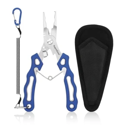 Abbildung von supregear Angelzange, Edelstahl Angelzange Mehrzweck Sprengringzange Drahtschneidewerkzeug, Angelgeräte Set mit Sicherheits Geöltem Sicherungsband und Nylonscheide, Blau