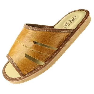 Abbildung von APREGGIO Hausschuhe Herren Leder Slippers Herrenhausschuhe Hausschuh Männer Pantoffel Slipper Hellbraun Größe 42