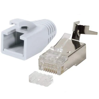 Abbildung von odedo 10x RJ45 Stecker CAT7, CAT6A, CAT8.1 Netzwerkstecker für Installationskabel, Verlegekabel 10GBit AWG 22 24 PoE LAN Crimp Metall mit Einfädelhilfe und Knickschutz Weiß