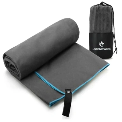 Abbildung von Legendwerk® Mikrofaser Handtuch DUNKELBLAU 160x80 cm schnelltrocknendes Sporttuch für Männer ideal fürs Fitnessstudio, Schwimmen &amp; Reisen mit Schlaufe Aufbewahrungsbeutel