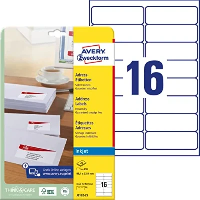 Abbildung von AVERY Zweckform J8162 25 Adressetiketten/Adressaufkleber (400 Etiketten, 99,1x33,9mm auf A4, bedruckbar, selbstklebend, für DIN lang Briefkuverts, Papier matt, Inkjet Drucker) Blatt, weiß