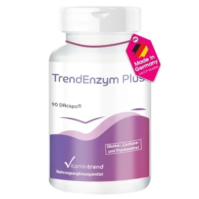 Abbildung von TrendEnzym Plus 90 DRcaps mit Bromelain, Trypsin, Chymotrypsin und Rutin hochdosiert sichere Dosierung vegan bioverfügbare Supplements aus Deutschland Vitamintrend