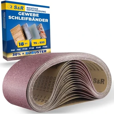 Abbildung von S&amp;R Schleifband Set 18 Stück 75 x 533 mm, je 3x P60/P80/P120/P150/P240/P400 für Bandschleifer, reißfestes Gewebe Schleifpapier, Schleifgurt, Schleifriemen Holz, Metall, Plastik, Entrostung