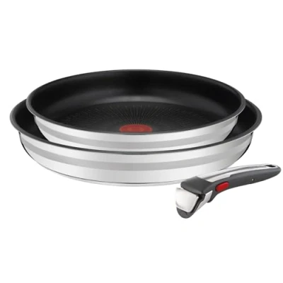 Abbildung von Tefal Jamie Oliver 3 teiliges Ingenio Pfannen Set, 1 abnehmbarer Griff, 2 Antihaft Pfannen, Edelstahl, Induktion, ofenfest, platzsparend, L9769173