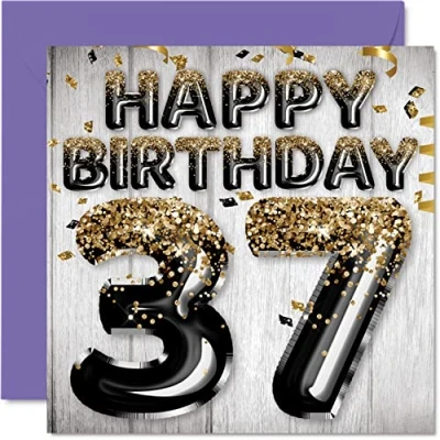 Abbildung von Geburtstagskarte zum 37. Geburtstag für Männer schwarze und goldene Glitzerballons Happy Karten 37 Jahre alten Mann Freund Bruder Papa Onkel 145 mm x Grußkarten Geschenk