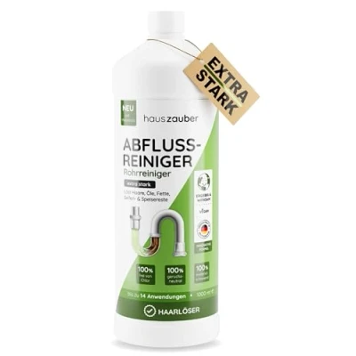 Abbildung von hauszauber® Abflussreiniger [EXTRA STARK] 1000 ml Löst Speisereste, Öle, Fette &amp; Haare Profi Rohrreiniger für Badewanne, Waschbecken, Dusche, Siphon, Bad und Küche Abflussfrei Haarweg