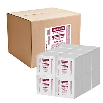 Abbildung von Medrull Mulltupfer Steril 10 x 10cm Nicht klebende Wundauflagen Extra saugfähig 8 lagig Verpackt 5 Stück x20 Papierbeuteln/x 12 Boxen (1200 Stück)