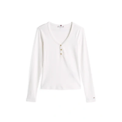 Abbildung von Tommy Hilfiger SLIM Henley Langarmshirt, Damen, Größe: XXS, Ecru