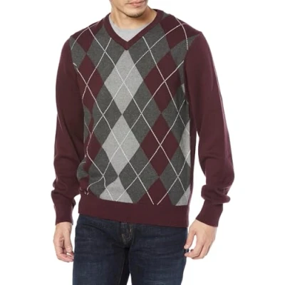 Abbildung von Amazon Essentials Herren Pullover mit V Ausschnitt (in Übergröße erhältlich), Burgunderrot Rauten, XXL