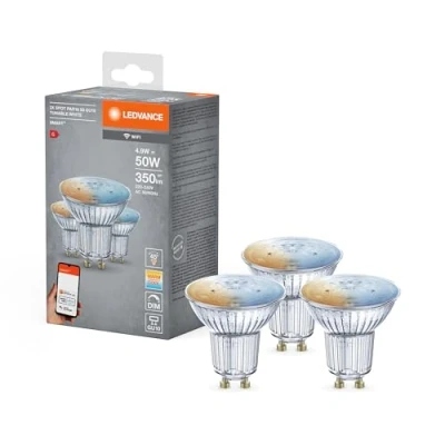 Abbildung von LEDVANCE Smarte LED Reflektorlampe mit WiFi Technologie, Sockel GU10, Lichtfarbe änderbar (2700 6500K), Dimmbar, ersetzt Reflektorlampen 40 W, SMART+ SPOT GU10 Tunable White, 3er Pack