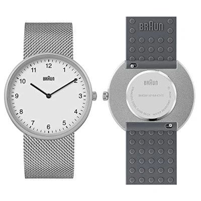Abbildung von Braun 2 Zeiger Quarz Analoguhr, weißes Zifferblatt und Edelstahl Mesh Armband mit zusätzlichem grauem Silikon Kautschukarmband, Schnellverschluss Federstege, 38 mm, Modell BN0281WHMHGYG.