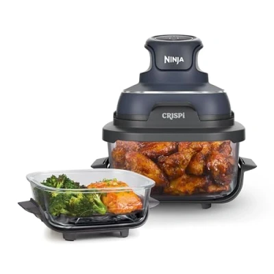 Abbildung von Ninja CRISPi tragbare Airfryer Heißluftfritteuse, 3,8 l, 4 in 1: Heißluftfrittieren, Braten, Warmhalten, Recrisp, kompakt, 6 Portionen, 2x herausnehmbare Glasbehälter &amp; Deckel, 1.700 W, Grau FN101EUGY
