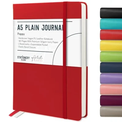 Abbildung von STATIONERY ISLAND Notizbuch a5 Blanko, Journal Hardcover mit 120 g/m² Dickem Papier, 180 Seiten Tagebuch, Notebook für Mädchen, Reisetagebuch, Planen, Lernen, Rot