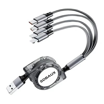 Abbildung von Multi USB Kabel 4 in 1, [3.1A 1M] Universal Einziehbares Schnelles Ladekabel mit Micro Typ C 2*iP für Phone, Samsung Galaxy S24 S23, Moto, Huawei, Sony, LG, Xiaomi, PS4, Swith Echo Dot