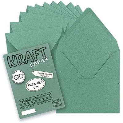 Abbildung von 50x Vintage Umschläge quadratisch aus eukalyptus grünem Kraftpapier nachhaltig 15,5 x cm Nassklebung Spitzklappe NEUSER PAPIER