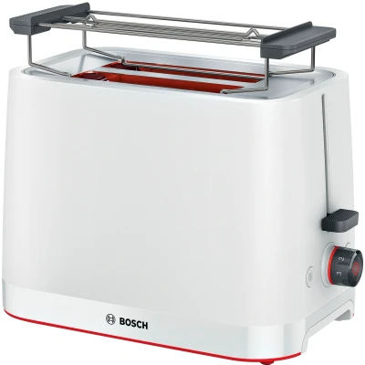 Abbildung von Bosch Kompakt Toaster MyMoment TAT3M121, entnehmbarer klappbarer Brötchenaufsatz, mit Auftaufunktion, Abschaltautomatik, Liftfunktion, Brotzentrierung, ideal für 2 Scheiben, 800 Watt, Weiß matt