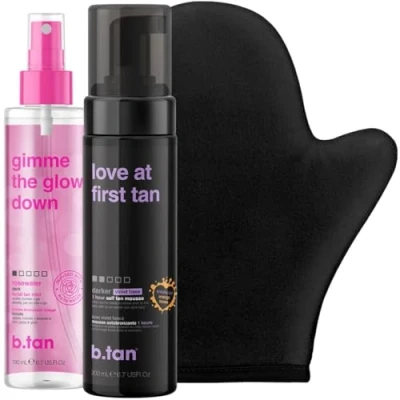 Abbildung von b.tan Dark &amp; Glowy Self Tanner Kit Lovers Bundle Selbstbräunungs Mousse mit Gesicht + Body Gradual Tan Mist Selbstbräuner Handschuh Applikator, 1 Stunde Sonnenloser Bräuner, 200 ml