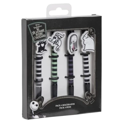 Abbildung von Packung mit 4 Kugelschreibern &quot;Nightmare Before Christmas&quot;, enthält mehrere Designs in Weiß, Grün, Lila und Schwarz, aus Kunststoff Gummi, Originalprodukt, entworfen Spanien