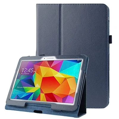 Abbildung von subtel® Flip Cover Tablethülle für Samsung Galaxy Tab 4 10.1 (SM T530 /SM T531 T533 T535) Tablet Schutzhülle mit Ständer, Kunstleder dunkelblau Case Bumper Klapphülle faltbar Tasche Hülle