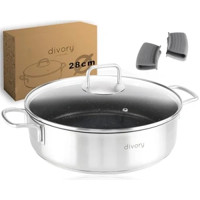 Abbildung von DIVORY Edelstahl Pfanne 28 cm ULTIME Induktion I beschichtete Schmorpfanne 4,6l für alle Herdarten Induktionspfanne, Servierpfanne spülmaschinen geeignet (28cm (Servier), Schwarz)