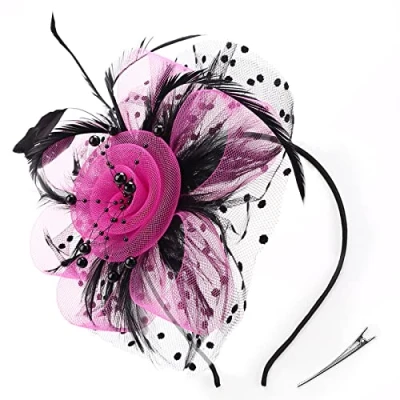 Abbildung von DRESHOW Fascinators Hut Blume Mesh Bänder Federn auf Einem Stirnband und Geteilten Clip Cocktail Tea Party Headwear für Mädchen Damen