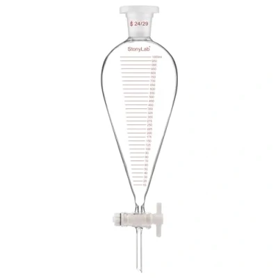 Abbildung von stonylab Messablauftrichter, Schwerwandig Birnenförmig Konisch aus Borosilikatglas mit PTFE Hahn und Kunststoffstopfen, 1000 ml