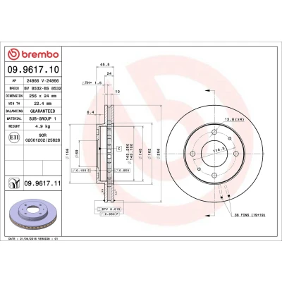 Abbildung von BREMBO COATED DISC LINE 09.9617.11 Bremsscheibe 256 24 4 innenbelüftet beschichtet VOLVO: V40 Estate, S40 I