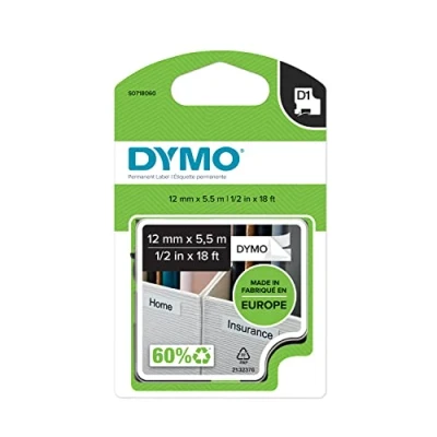 Abbildung von DYMO Original D1 Hochleistungs Nylon Etikettenband schwarz auf weiß 12 mm x 5,5 m permanent haftendes Vinyl Schriftband für LabelManager Beschriftungsgerät