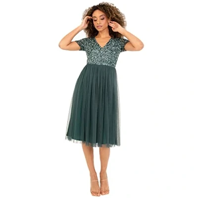 Abbildung von Maya Deluxe Damen Midi Kleid mit V Ausschnitt, Verziert Brautjungfernkleid, Emerald Green, 44