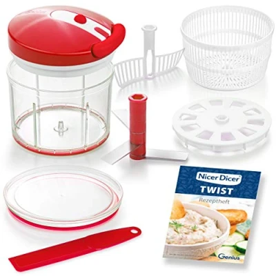 Abbildung von Genius Nicer Dicer Twist Universalzerkleinerer Set 9 teilig rot Gemüseschneider manuell mit Seilzug, Salatschleuder &amp; Sieb Zwiebelschneider zum Zerkleinern + Pürieren 1000ml